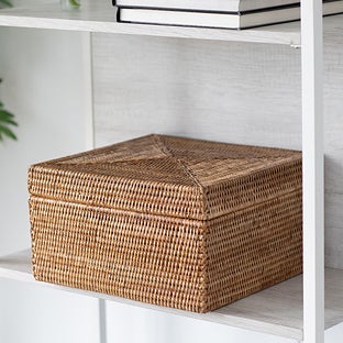 Rattan Storage Box with Lid Flat File Organizer Basket Storage - White wash